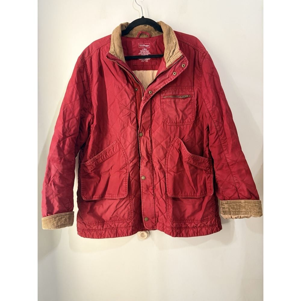 L.L.Bean Mens L Regular Red Quilted Barn Field Jacket Corduroy Collar Coat